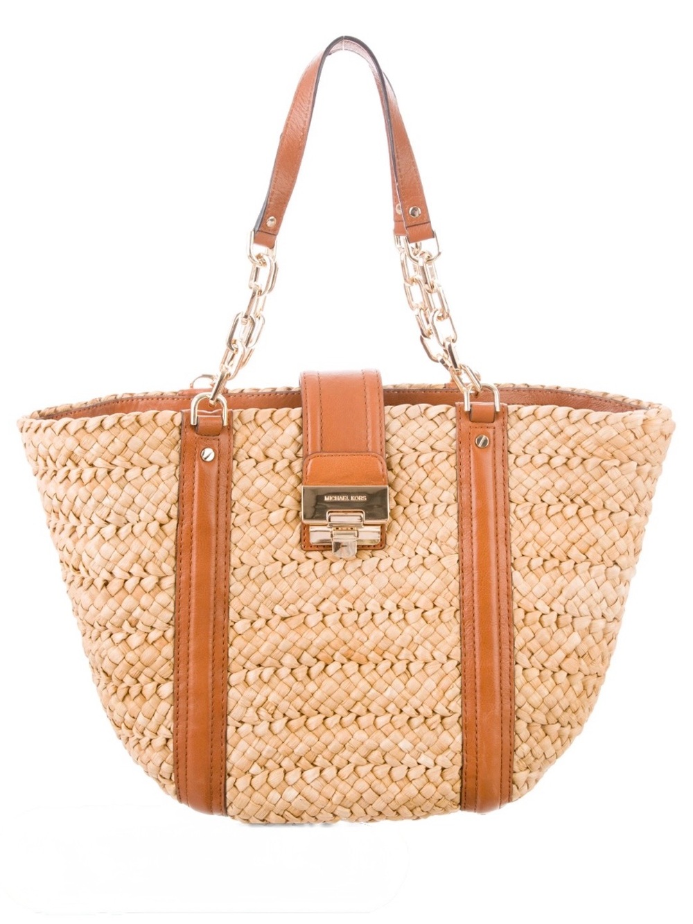 Michael Michael Kors Malibu Woven Straw Tote Bag with Brown Leather Trim